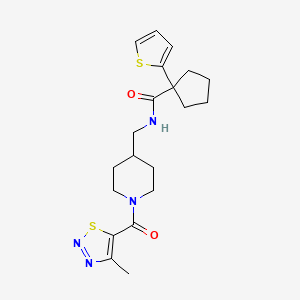 molecular formula C20H26N4O2S2 B3020233 N-((1-(4-methyl-1,2,3-thiadiazole-5-carbonyl)piperidin-4-yl)methyl)-1-(thiophen-2-yl)cyclopentanecarboxamide CAS No. 1235105-27-7