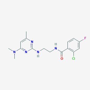 molecular formula C16H19ClFN5O B3020265 2-chloro-N-(2-((4-(dimethylamino)-6-methylpyrimidin-2-yl)amino)ethyl)-4-fluorobenzamide CAS No. 1207020-02-7