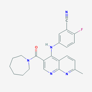 molecular formula C23H22FN5O B3020326 5-((3-(Azepane-1-carbonyl)-7-methyl-1,8-naphthyridin-4-yl)amino)-2-fluorobenzonitrile CAS No. 1251702-78-9