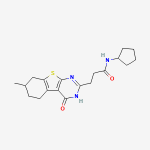 molecular formula C19H25N3O2S B3020327 N-cyclopentyl-3-(7-methyl-4-oxo-3,4,5,6,7,8-hexahydro[1]benzothieno[2,3-d]pyrimidin-2-yl)propanamide CAS No. 950443-57-9