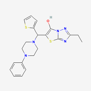 molecular formula C21H23N5OS2 B3020355 2-Ethyl-5-((4-phenylpiperazin-1-yl)(thiophen-2-yl)methyl)thiazolo[3,2-b][1,2,4]triazol-6-ol CAS No. 886912-49-8