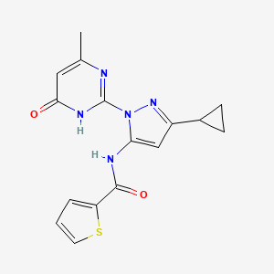 molecular formula C16H15N5O2S B3020435 N-(3-cyclopropyl-1-(4-methyl-6-oxo-1,6-dihydropyrimidin-2-yl)-1H-pyrazol-5-yl)thiophene-2-carboxamide CAS No. 1202976-21-3