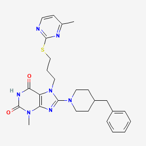 molecular formula C26H31N7O2S B3020448 8-(4-benzylpiperidin-1-yl)-3-methyl-7-(3-((4-methylpyrimidin-2-yl)thio)propyl)-1H-purine-2,6(3H,7H)-dione CAS No. 868143-38-8