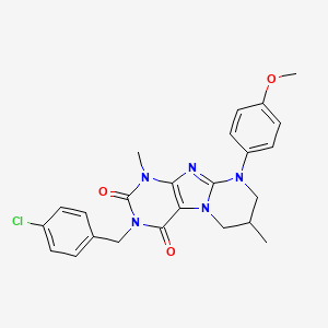 molecular formula C24H24ClN5O3 B3020469 3-[(4-chlorophenyl)methyl]-9-(4-methoxyphenyl)-1,7-dimethyl-1H,2H,3H,4H,6H,7H,8H,9H-pyrimido[1,2-g]purine-2,4-dione CAS No. 844655-58-9