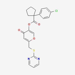 molecular formula C22H19ClN2O4S B3020488 4-oxo-6-((pyrimidin-2-ylthio)methyl)-4H-pyran-3-yl 1-(4-chlorophenyl)cyclopentanecarboxylate CAS No. 877637-60-0