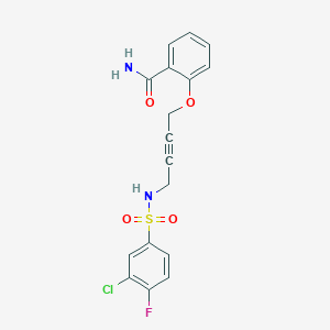 molecular formula C17H14ClFN2O4S B3020671 2-((4-(3-Chloro-4-fluorophenylsulfonamido)but-2-yn-1-yl)oxy)benzamide CAS No. 1448129-19-8