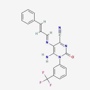 molecular formula C21H14F3N5O B3020719 6-amino-2-oxo-5-[[(E)-3-phenylprop-2-enylidene]amino]-1-[3-(trifluoromethyl)phenyl]pyrimidine-4-carbonitrile CAS No. 1048915-31-6