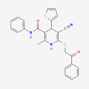 molecular formula C26H21N3O2S2 B3020724 5-cyano-2-methyl-6-[(2-oxo-2-phenylethyl)sulfanyl]-N-phenyl-4-(thiophen-2-yl)-1,4-dihydropyridine-3-carboxamide CAS No. 201273-82-7