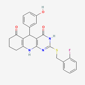 molecular formula C24H20FN3O3S B3020748 2-((2-fluorobenzyl)thio)-5-(3-hydroxyphenyl)-7,8,9,10-tetrahydropyrimido[4,5-b]quinoline-4,6(3H,5H)-dione CAS No. 537043-72-4