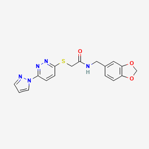 molecular formula C17H15N5O3S B3020820 2-((6-(1H-pyrazol-1-yl)pyridazin-3-yl)thio)-N-(benzo[d][1,3]dioxol-5-ylmethyl)acetamide CAS No. 1351643-37-2