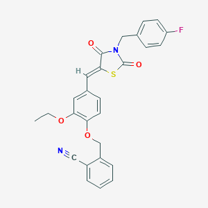 molecular formula C27H21FN2O4S B302104 2-[(2-ethoxy-4-{(Z)-[3-(4-fluorobenzyl)-2,4-dioxo-1,3-thiazolidin-5-ylidene]methyl}phenoxy)methyl]benzonitrile 