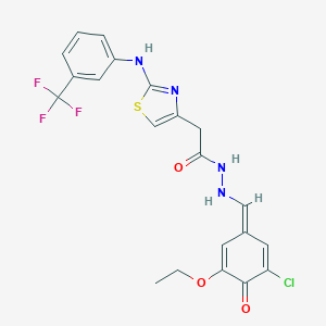 molecular formula C21H18ClF3N4O3S B302120 N'-[(E)-(3-chloro-5-ethoxy-4-oxocyclohexa-2,5-dien-1-ylidene)methyl]-2-[2-[3-(trifluoromethyl)anilino]-1,3-thiazol-4-yl]acetohydrazide 