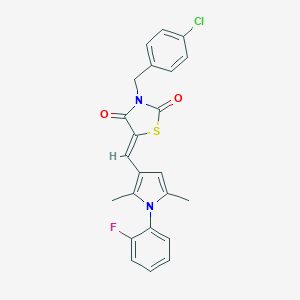 molecular formula C23H18ClFN2O2S B302132 3-(4-chlorobenzyl)-5-{[1-(2-fluorophenyl)-2,5-dimethyl-1H-pyrrol-3-yl]methylene}-1,3-thiazolidine-2,4-dione 