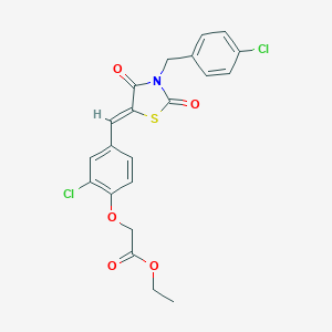 molecular formula C21H17Cl2NO5S B302134 Ethyl (2-chloro-4-{[3-(4-chlorobenzyl)-2,4-dioxo-1,3-thiazolidin-5-ylidene]methyl}phenoxy)acetate 