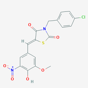 molecular formula C18H13ClN2O6S B302141 3-(4-Chlorobenzyl)-5-{4-hydroxy-3-nitro-5-methoxybenzylidene}-1,3-thiazolidine-2,4-dione 