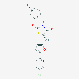 molecular formula C21H13ClFNO3S B302161 5-{[5-(4-Chlorophenyl)-2-furyl]methylene}-3-(4-fluorobenzyl)-1,3-thiazolidine-2,4-dione 