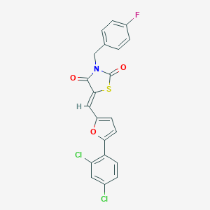 molecular formula C21H12Cl2FNO3S B302162 5-{[5-(2,4-Dichlorophenyl)-2-furyl]methylene}-3-(4-fluorobenzyl)-1,3-thiazolidine-2,4-dione 