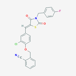 molecular formula C25H16ClFN2O3S B302180 2-[(2-Chloro-4-{[3-(4-fluorobenzyl)-2,4-dioxo-1,3-thiazolidin-5-ylidene]methyl}phenoxy)methyl]benzonitrile 