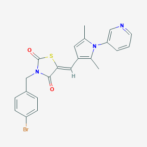 molecular formula C22H18BrN3O2S B302199 3-(4-bromobenzyl)-5-{[2,5-dimethyl-1-(3-pyridinyl)-1H-pyrrol-3-yl]methylene}-1,3-thiazolidine-2,4-dione 