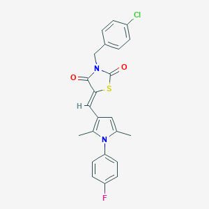 molecular formula C23H18ClFN2O2S B302209 3-(4-chlorobenzyl)-5-{[1-(4-fluorophenyl)-2,5-dimethyl-1H-pyrrol-3-yl]methylene}-1,3-thiazolidine-2,4-dione 