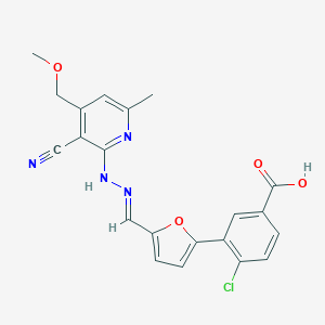 molecular formula C21H17ClN4O4 B302219 4-chloro-3-{5-[(E)-{2-[3-cyano-4-(methoxymethyl)-6-methylpyridin-2-yl]hydrazinylidene}methyl]furan-2-yl}benzoic acid 