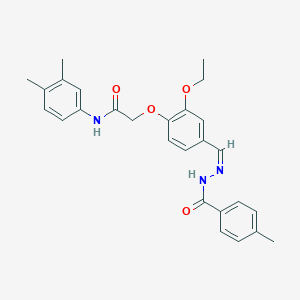 molecular formula C27H29N3O4 B302272 N-(3,4-dimethylphenyl)-2-{2-ethoxy-4-[2-(4-methylbenzoyl)carbohydrazonoyl]phenoxy}acetamide 