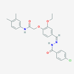 molecular formula C26H26ClN3O4 B302276 2-{4-[2-(4-chlorobenzoyl)carbohydrazonoyl]-2-ethoxyphenoxy}-N-(3,4-dimethylphenyl)acetamide 