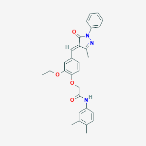 molecular formula C29H29N3O4 B302365 N-(3,4-dimethylphenyl)-2-{2-ethoxy-4-[(3-methyl-5-oxo-1-phenyl-1,5-dihydro-4H-pyrazol-4-ylidene)methyl]phenoxy}acetamide 