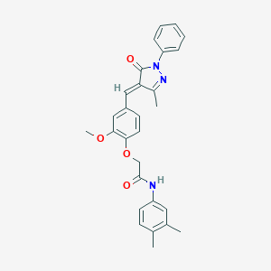 molecular formula C28H27N3O4 B302366 N-(3,4-dimethylphenyl)-2-{2-methoxy-4-[(3-methyl-5-oxo-1-phenyl-1,5-dihydro-4H-pyrazol-4-ylidene)methyl]phenoxy}acetamide 