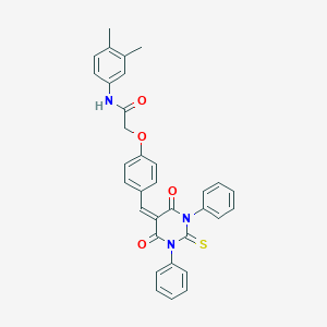 molecular formula C33H27N3O4S B302367 N-(3,4-dimethylphenyl)-2-{4-[(4,6-dioxo-1,3-diphenyl-2-thioxotetrahydropyrimidin-5(2H)-ylidene)methyl]phenoxy}acetamide 