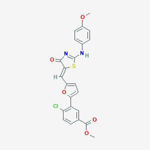molecular formula C23H17ClN2O5S B302372 methyl 4-chloro-3-[5-[(Z)-[2-(4-methoxyanilino)-4-oxo-1,3-thiazol-5-ylidene]methyl]furan-2-yl]benzoate 