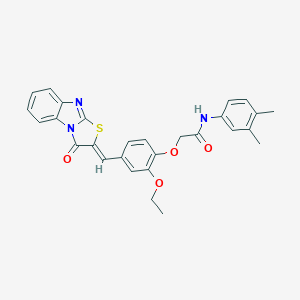 molecular formula C28H25N3O4S B302381 N-(3,4-dimethylphenyl)-2-{2-ethoxy-4-[(3-oxo[1,3]thiazolo[3,2-a]benzimidazol-2(3H)-ylidene)methyl]phenoxy}acetamide 