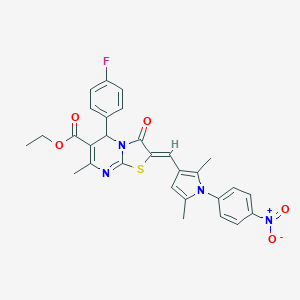 molecular formula C29H25FN4O5S B302420 ethyl 5-(4-fluorophenyl)-2-[(1-{4-nitrophenyl}-2,5-dimethyl-1H-pyrrol-3-yl)methylene]-7-methyl-3-oxo-2,3-dihydro-5H-[1,3]thiazolo[3,2-a]pyrimidine-6-carboxylate 
