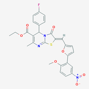 molecular formula C28H22FN3O7S B302421 ethyl 5-(4-fluorophenyl)-2-[(5-{5-nitro-2-methoxyphenyl}-2-furyl)methylene]-7-methyl-3-oxo-2,3-dihydro-5H-[1,3]thiazolo[3,2-a]pyrimidine-6-carboxylate 