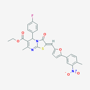 molecular formula C28H22FN3O6S B302422 ethyl 5-(4-fluorophenyl)-2-[(5-{3-nitro-4-methylphenyl}-2-furyl)methylene]-7-methyl-3-oxo-2,3-dihydro-5H-[1,3]thiazolo[3,2-a]pyrimidine-6-carboxylate 