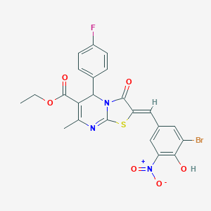 molecular formula C23H17BrFN3O6S B302425 ethyl 2-{3-bromo-4-hydroxy-5-nitrobenzylidene}-5-(4-fluorophenyl)-7-methyl-3-oxo-2,3-dihydro-5H-[1,3]thiazolo[3,2-a]pyrimidine-6-carboxylate 