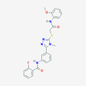 molecular formula C25H22FN5O3S B302447 2-fluoro-N-[3-(5-{[2-(2-methoxyanilino)-2-oxoethyl]sulfanyl}-4-methyl-4H-1,2,4-triazol-3-yl)phenyl]benzamide 