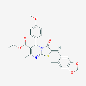 molecular formula C26H24N2O6S B302459 ethyl 5-(4-methoxyphenyl)-7-methyl-2-[(6-methyl-1,3-benzodioxol-5-yl)methylene]-3-oxo-2,3-dihydro-5H-[1,3]thiazolo[3,2-a]pyrimidine-6-carboxylate 