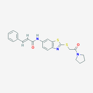 molecular formula C22H21N3O2S2 B302461 (E)-N-[2-(2-oxo-2-pyrrolidin-1-ylethyl)sulfanyl-1,3-benzothiazol-6-yl]-3-phenylprop-2-enamide 