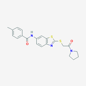 molecular formula C21H21N3O2S2 B302462 4-methyl-N-(2-{[2-oxo-2-(1-pyrrolidinyl)ethyl]sulfanyl}-1,3-benzothiazol-6-yl)benzamide 