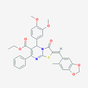 molecular formula C32H28N2O7S B302475 ethyl 5-(3,4-dimethoxyphenyl)-2-[(6-methyl-1,3-benzodioxol-5-yl)methylene]-3-oxo-7-phenyl-2,3-dihydro-5H-[1,3]thiazolo[3,2-a]pyrimidine-6-carboxylate 