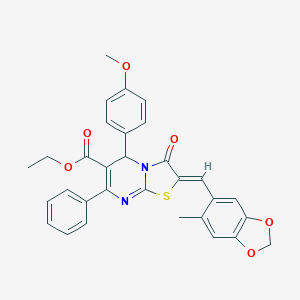 molecular formula C31H26N2O6S B302476 ethyl 5-(4-methoxyphenyl)-2-[(6-methyl-1,3-benzodioxol-5-yl)methylene]-3-oxo-7-phenyl-2,3-dihydro-5H-[1,3]thiazolo[3,2-a]pyrimidine-6-carboxylate 