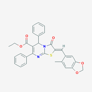 molecular formula C30H24N2O5S B302477 ethyl 2-[(6-methyl-1,3-benzodioxol-5-yl)methylene]-3-oxo-5,7-diphenyl-2,3-dihydro-5H-[1,3]thiazolo[3,2-a]pyrimidine-6-carboxylate 