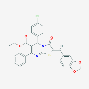 molecular formula C30H23ClN2O5S B302478 ethyl 5-(4-chlorophenyl)-2-[(6-methyl-1,3-benzodioxol-5-yl)methylene]-3-oxo-7-phenyl-2,3-dihydro-5H-[1,3]thiazolo[3,2-a]pyrimidine-6-carboxylate 