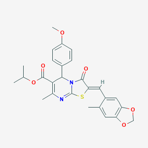 molecular formula C27H26N2O6S B302479 isopropyl 5-(4-methoxyphenyl)-7-methyl-2-[(6-methyl-1,3-benzodioxol-5-yl)methylene]-3-oxo-2,3-dihydro-5H-[1,3]thiazolo[3,2-a]pyrimidine-6-carboxylate 
