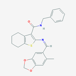 molecular formula C25H24N2O3S B302480 N-benzyl-2-{[(6-methyl-1,3-benzodioxol-5-yl)methylene]amino}-4,5,6,7-tetrahydro-1-benzothiophene-3-carboxamide 