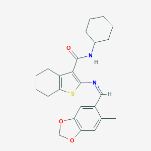 molecular formula C24H28N2O3S B302481 N-cyclohexyl-2-{[(6-methyl-1,3-benzodioxol-5-yl)methylene]amino}-4,5,6,7-tetrahydro-1-benzothiophene-3-carboxamide 