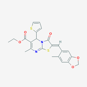 molecular formula C23H20N2O5S2 B302483 ethyl 7-methyl-2-[(6-methyl-1,3-benzodioxol-5-yl)methylene]-3-oxo-5-(2-thienyl)-2,3-dihydro-5H-[1,3]thiazolo[3,2-a]pyrimidine-6-carboxylate 