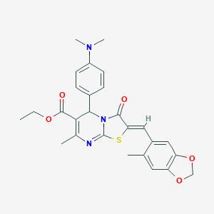 molecular formula C27H27N3O5S B302485 ethyl 5-[4-(dimethylamino)phenyl]-7-methyl-2-[(6-methyl-1,3-benzodioxol-5-yl)methylene]-3-oxo-2,3-dihydro-5H-[1,3]thiazolo[3,2-a]pyrimidine-6-carboxylate 
