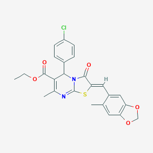 molecular formula C25H21ClN2O5S B302486 ethyl (2Z)-5-(4-chlorophenyl)-7-methyl-2-[(6-methyl-1,3-benzodioxol-5-yl)methylidene]-3-oxo-2,3-dihydro-5H-[1,3]thiazolo[3,2-a]pyrimidine-6-carboxylate 